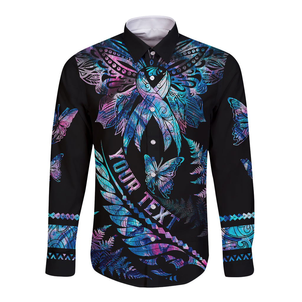 Personalised Polynesia Ribbon Butterflies Long Sleeve Button Shirt Silver Fern Breast Cancer With Papua Shell Pattern - Wonder Print Shop