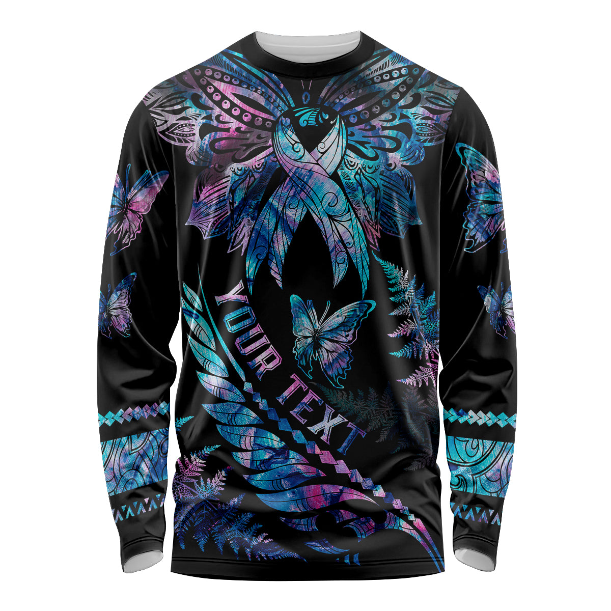 Personalised Polynesia Ribbon Butterflies Long Sleeve Shirt Silver Fern Breast Cancer With Papua Shell Pattern - Wonder Print Shop