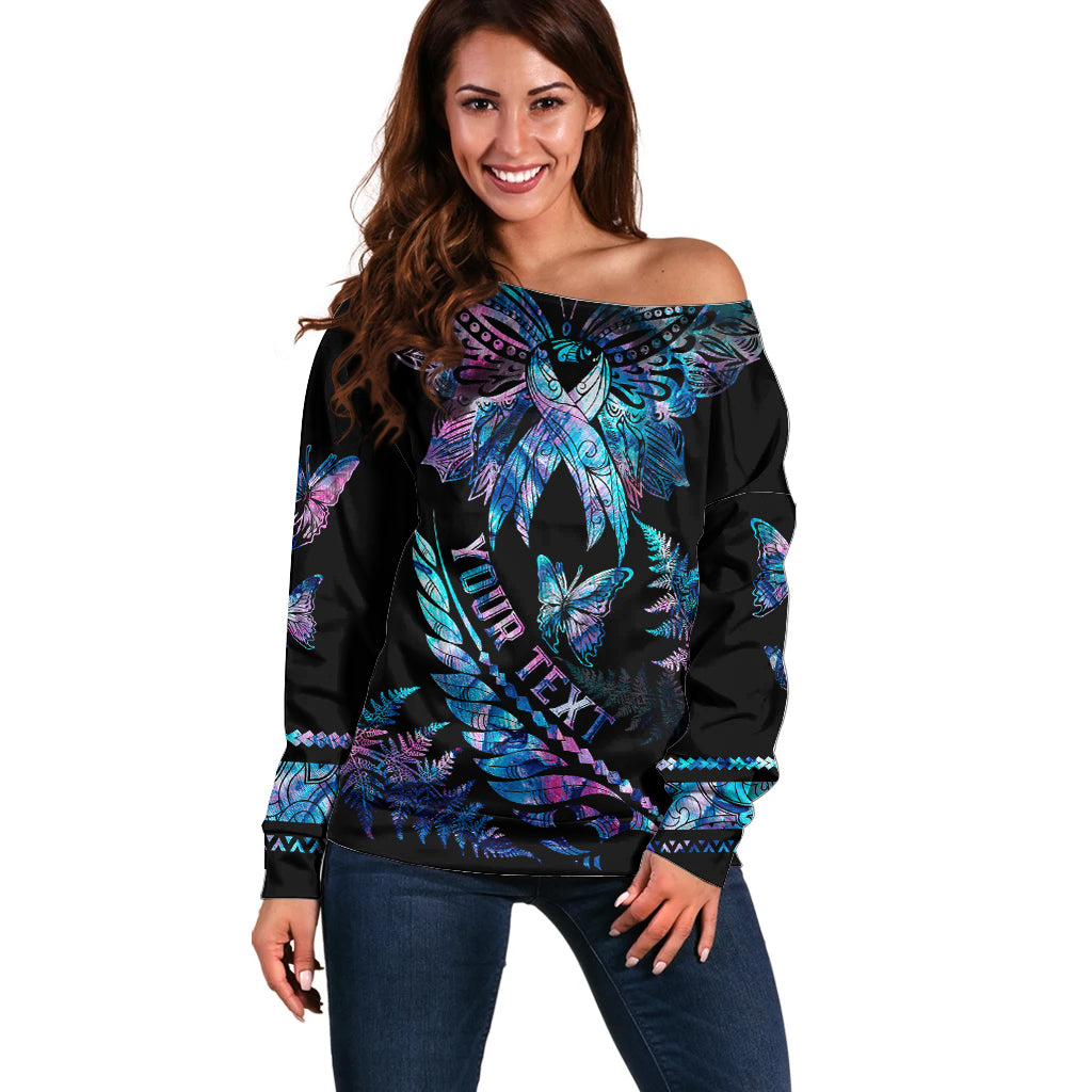 Personalised Polynesia Ribbon Butterflies Off Shoulder Sweater Silver Fern Breast Cancer With Papua Shell Pattern - Wonder Print Shop