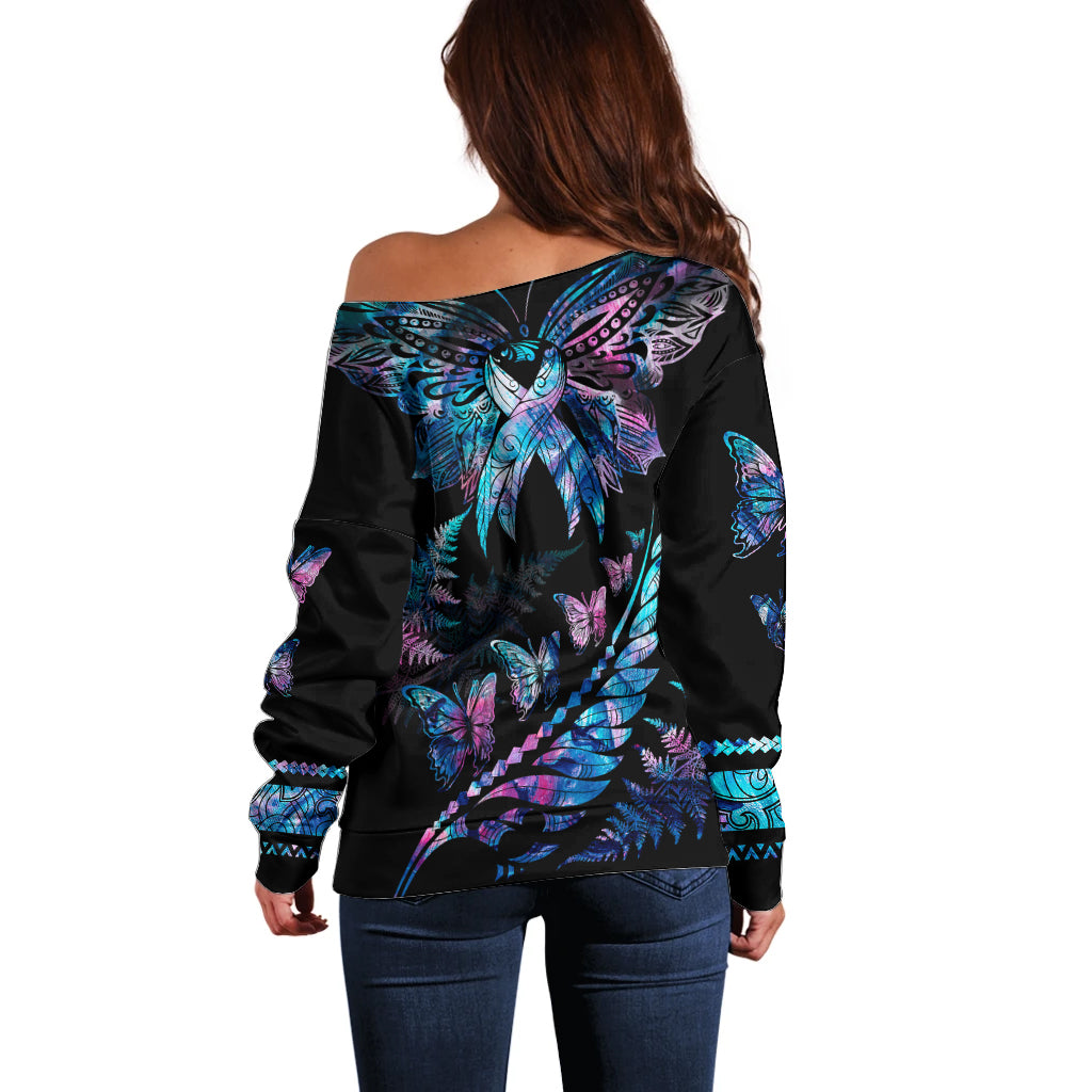 Personalised Polynesia Ribbon Butterflies Off Shoulder Sweater Silver Fern Breast Cancer With Papua Shell Pattern - Wonder Print Shop
