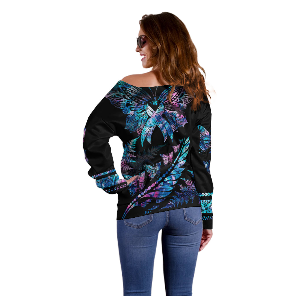 Personalised Polynesia Ribbon Butterflies Off Shoulder Sweater Silver Fern Breast Cancer With Papua Shell Pattern - Wonder Print Shop