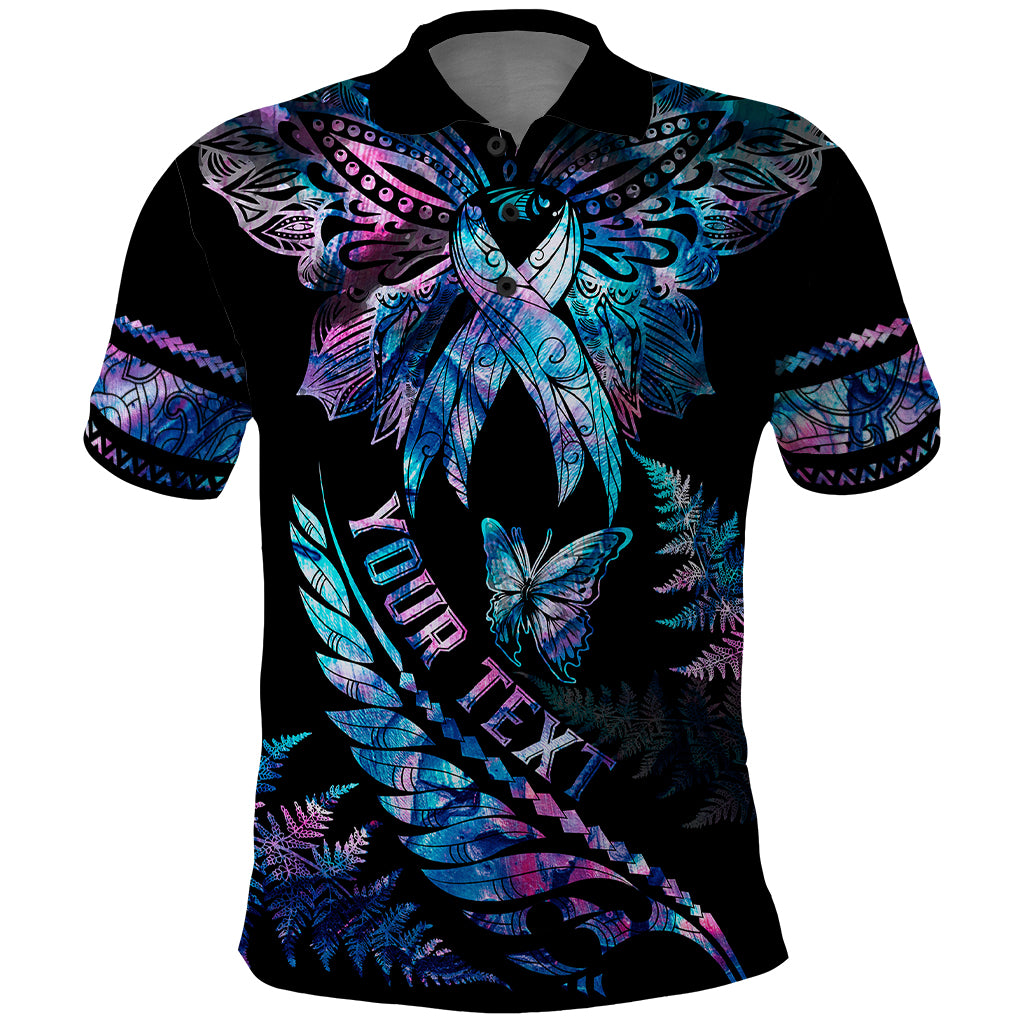 Personalised Polynesia Ribbon Butterflies Polo Shirt Silver Fern Breast Cancer With Papua Shell Pattern - Wonder Print Shop