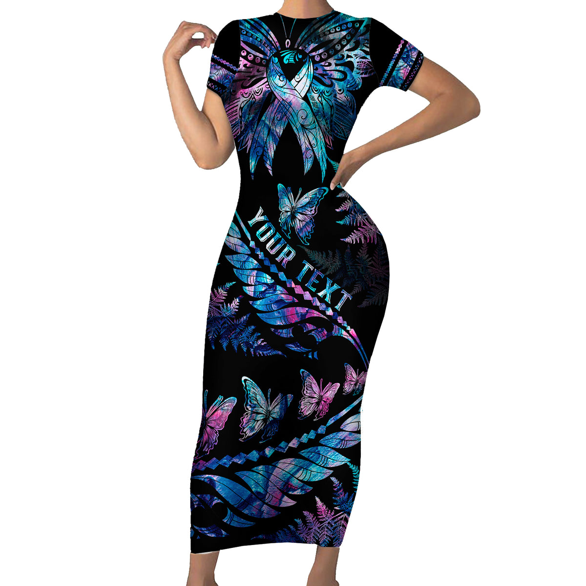 Personalised Polynesia Ribbon Butterflies Short Sleeve Bodycon Dress Silver Fern Breast Cancer With Papua Shell Pattern - Wonder Print Shop
