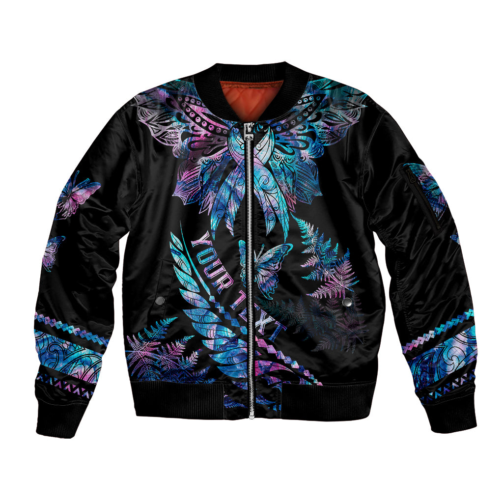 Personalised Polynesia Ribbon Butterflies Sleeve Zip Bomber Jacket Silver Fern Breast Cancer With Papua Shell Pattern - Wonder Print Shop