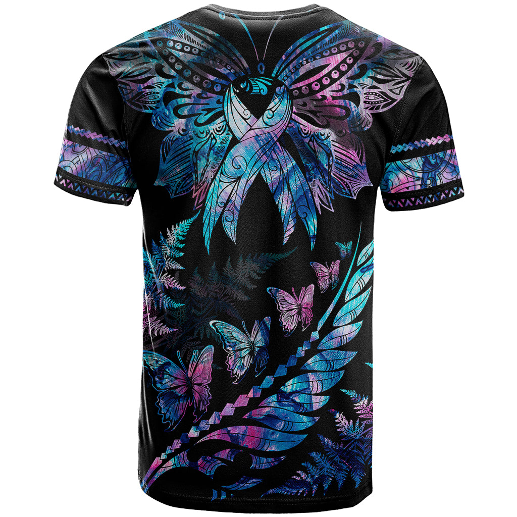 Personalised Polynesia Ribbon Butterflies T Shirt Silver Fern Breast Cancer With Papua Shell Pattern - Wonder Print Shop