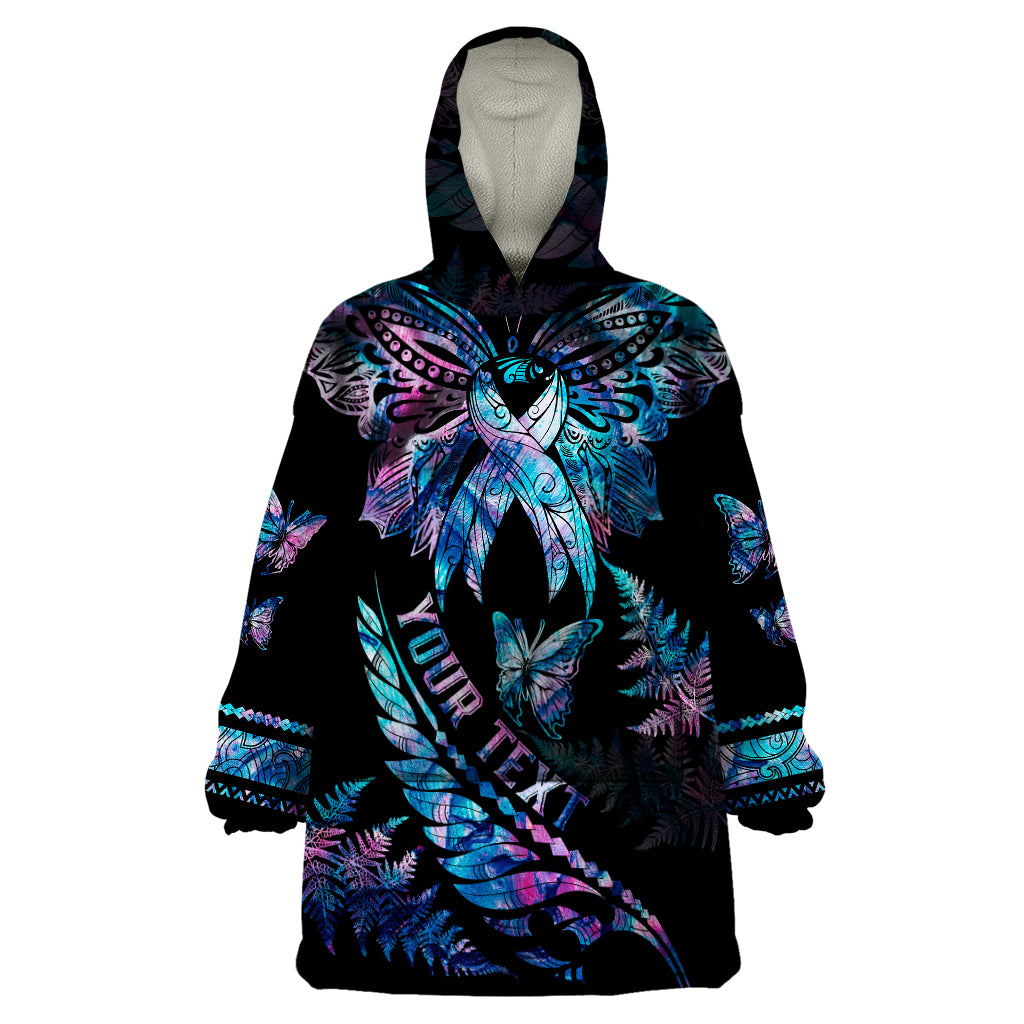 Personalised Polynesia Ribbon Butterflies Wearable Blanket Hoodie Silver Fern Breast Cancer With Papua Shell Pattern - Wonder Print Shop