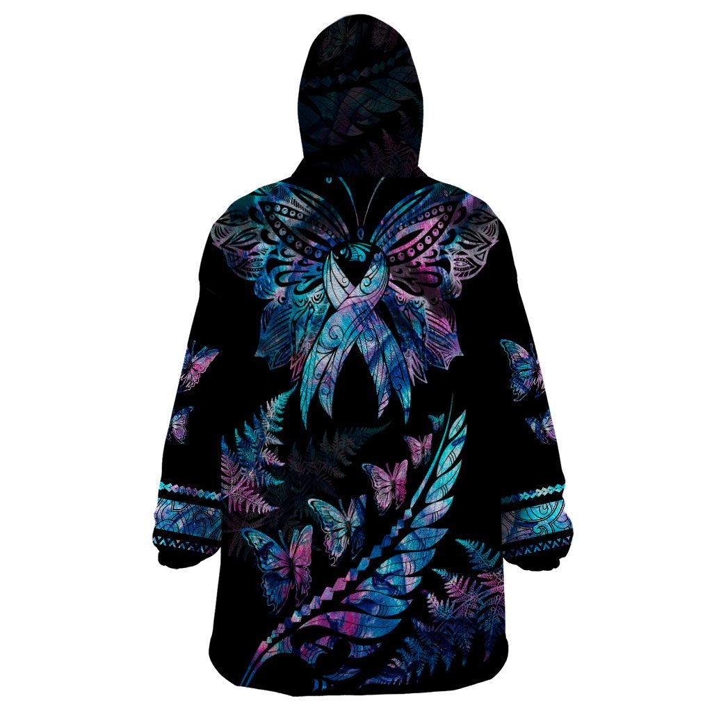 Personalised Polynesia Ribbon Butterflies Wearable Blanket Hoodie Silver Fern Breast Cancer With Papua Shell Pattern - Wonder Print Shop