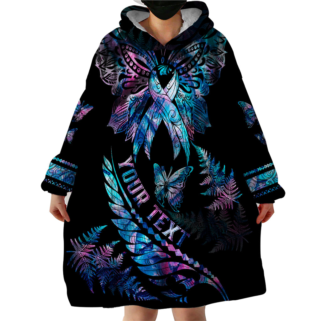 Personalised Polynesia Ribbon Butterflies Wearable Blanket Hoodie Silver Fern Breast Cancer With Papua Shell Pattern - Wonder Print Shop