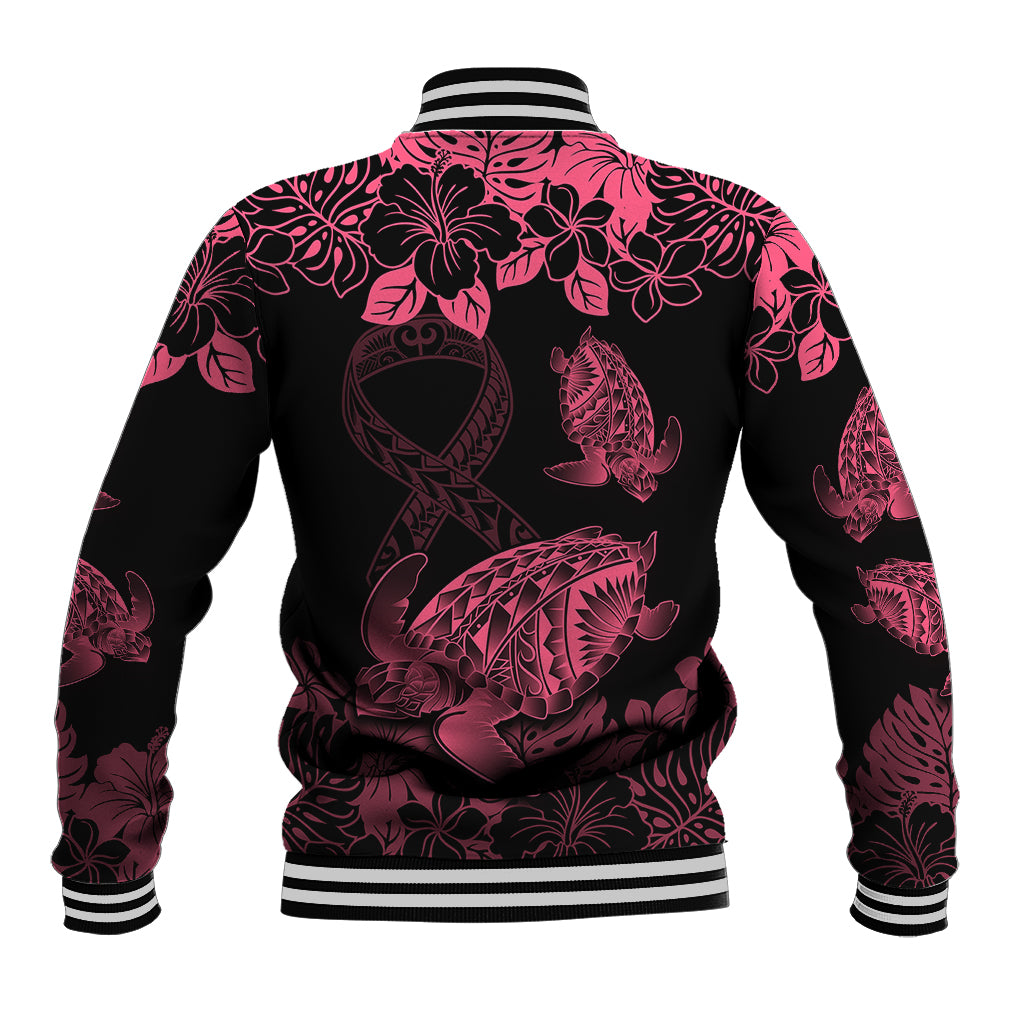 Personalised Polynesian Turtle Ribbon Baseball Jacket Think Pink Breast Cancer With Pacific Hibiscus LT9 - Wonder Print Shop