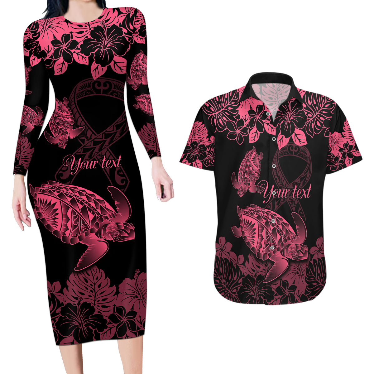 Personalised Polynesian Turtle Ribbon Couples Matching Long Sleeve Bodycon Dress and Hawaiian Shirt Think Pink Breast Cancer With Pacific Hibiscus LT9 - Wonder Print Shop