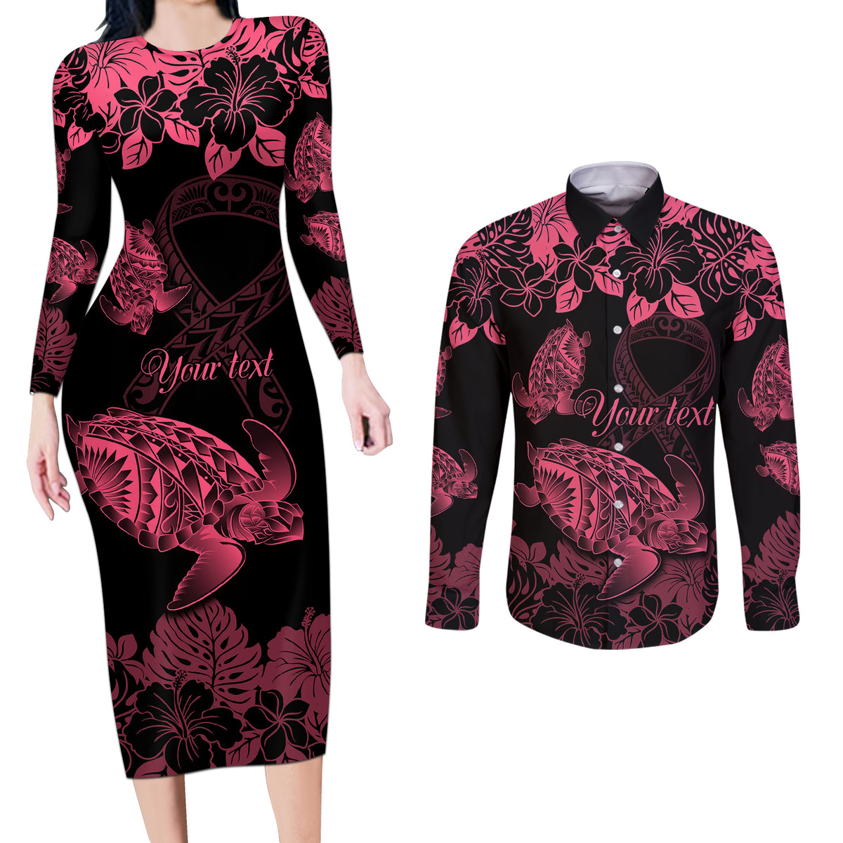 Personalised Polynesian Turtle Ribbon Couples Matching Long Sleeve Bodycon Dress and Long Sleeve Button Shirts Think Pink Breast Cancer With Pacific Hibiscus LT9 - Wonder Print Shop
