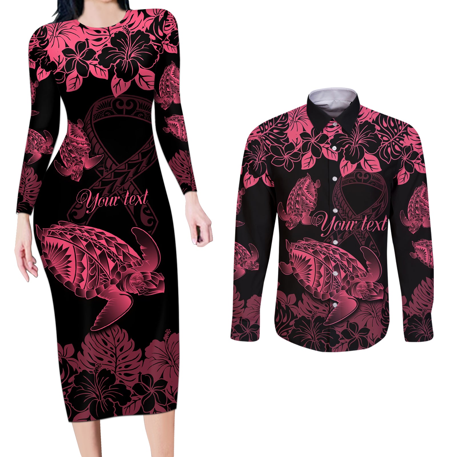 Personalised Polynesian Turtle Ribbon Couples Matching Long Sleeve Bodycon Dress and Long Sleeve Button Shirts Think Pink Breast Cancer With Pacific Hibiscus LT9 - Wonder Print Shop