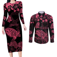 Personalised Polynesian Turtle Ribbon Couples Matching Long Sleeve Bodycon Dress and Long Sleeve Button Shirts Think Pink Breast Cancer With Pacific Hibiscus LT9 - Wonder Print Shop