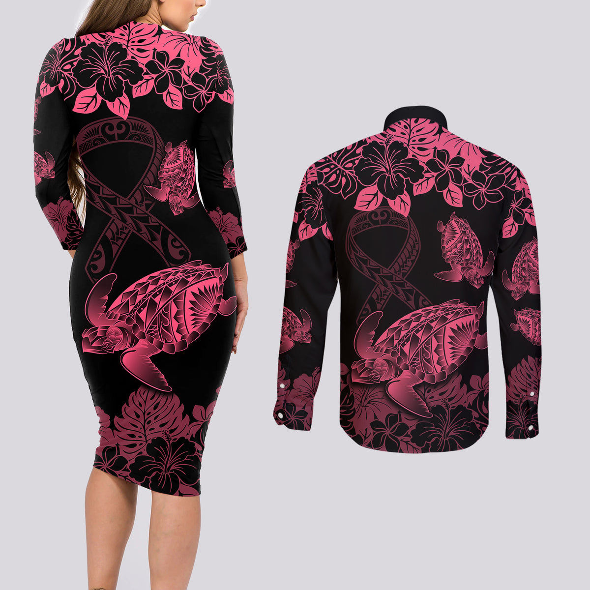 Personalised Polynesian Turtle Ribbon Couples Matching Long Sleeve Bodycon Dress and Long Sleeve Button Shirts Think Pink Breast Cancer With Pacific Hibiscus LT9 - Wonder Print Shop