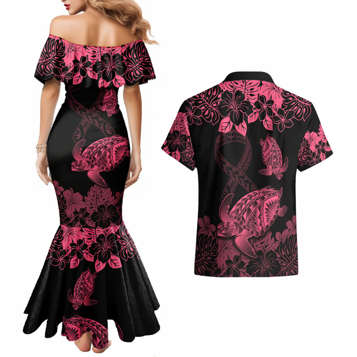 Personalised Polynesian Turtle Ribbon Couples Matching Mermaid Dress and Hawaiian Shirt Think Pink Breast Cancer With Pacific Hibiscus LT9 - Wonder Print Shop