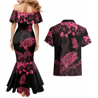Personalised Polynesian Turtle Ribbon Couples Matching Mermaid Dress and Hawaiian Shirt Think Pink Breast Cancer With Pacific Hibiscus LT9 - Wonder Print Shop