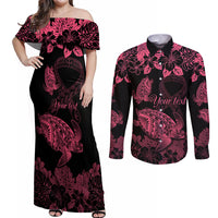 Personalised Polynesian Turtle Ribbon Couples Matching Off Shoulder Maxi Dress and Long Sleeve Button Shirts Think Pink Breast Cancer With Pacific Hibiscus LT9 - Wonder Print Shop