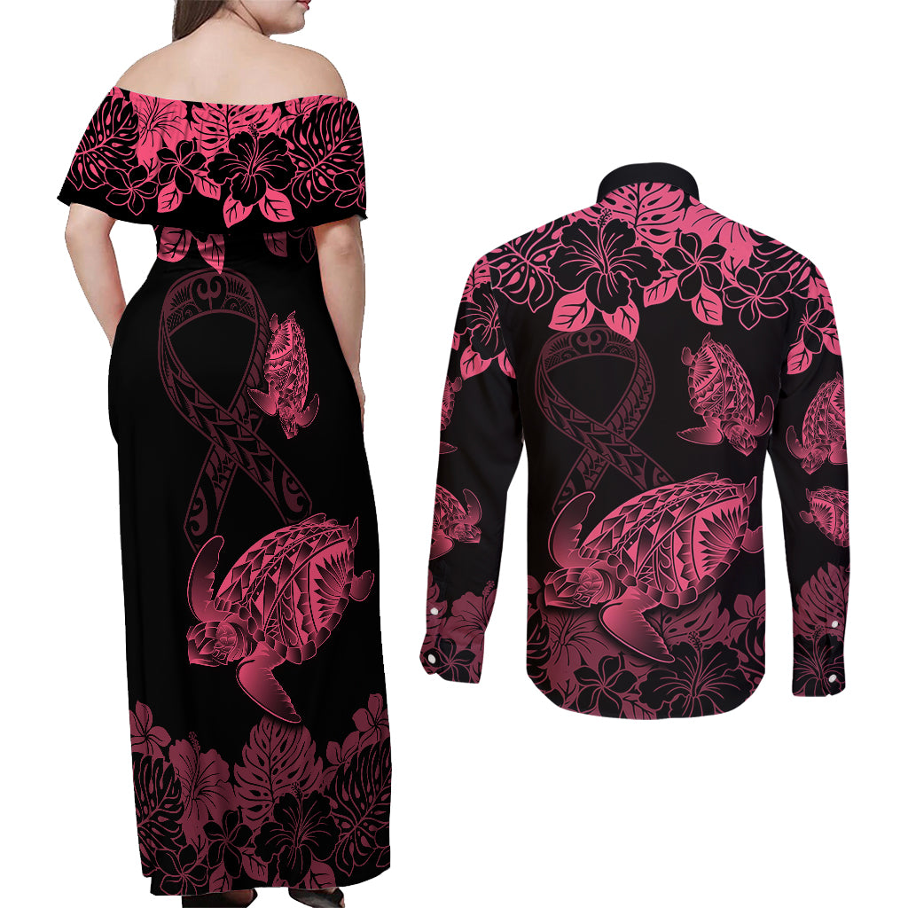 Personalised Polynesian Turtle Ribbon Couples Matching Off Shoulder Maxi Dress and Long Sleeve Button Shirts Think Pink Breast Cancer With Pacific Hibiscus LT9 - Wonder Print Shop