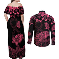 Personalised Polynesian Turtle Ribbon Couples Matching Off Shoulder Maxi Dress and Long Sleeve Button Shirts Think Pink Breast Cancer With Pacific Hibiscus LT9 - Wonder Print Shop