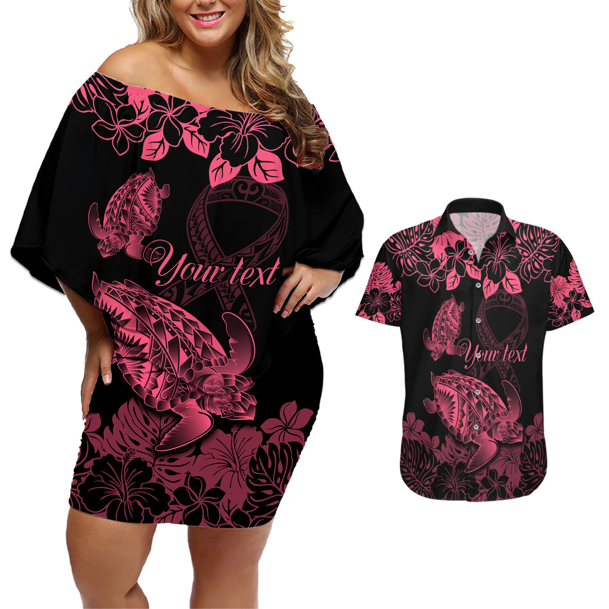 Personalised Polynesian Turtle Ribbon Couples Matching Off Shoulder Short Dress and Hawaiian Shirt Think Pink Breast Cancer With Pacific Hibiscus LT9 - Wonder Print Shop