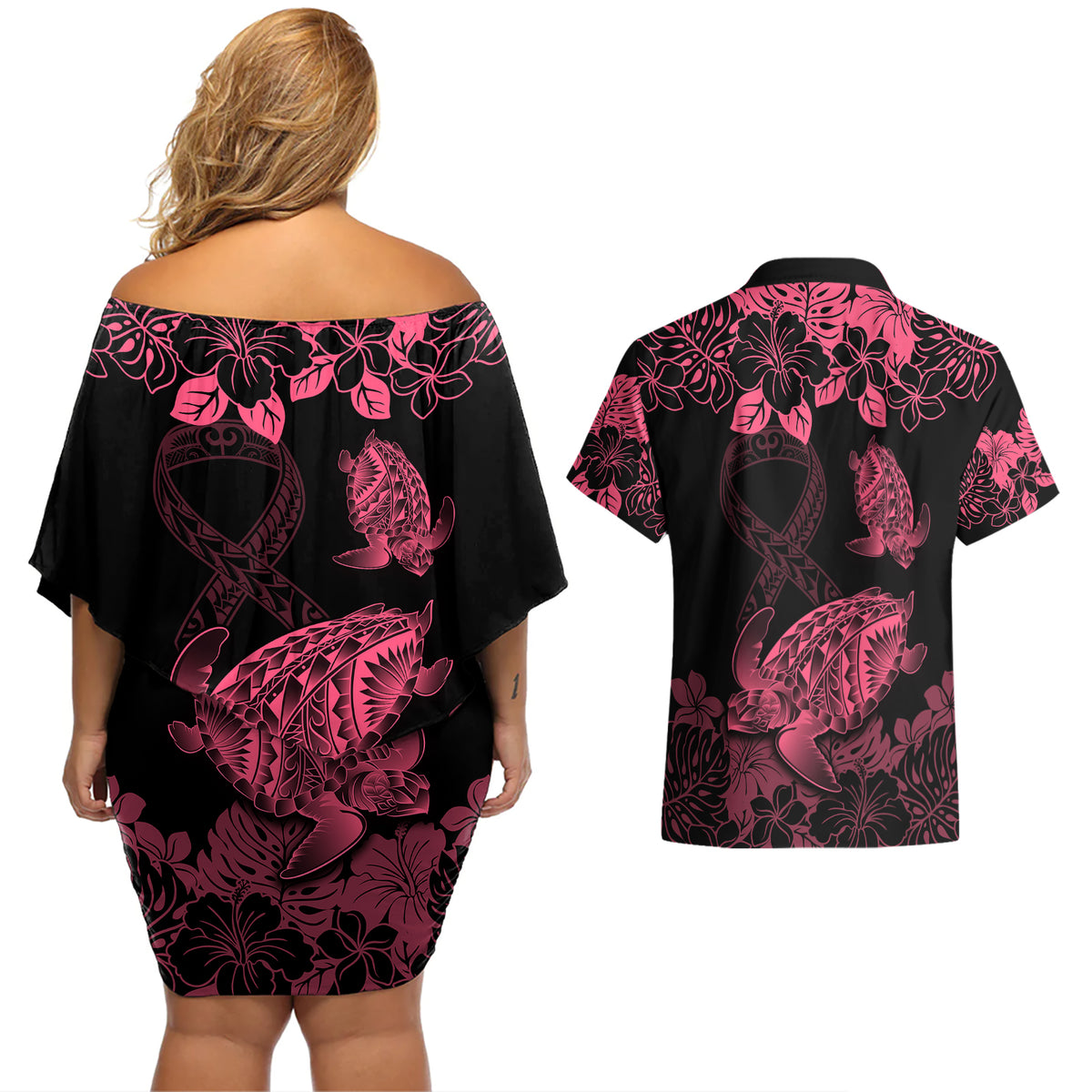 Personalised Polynesian Turtle Ribbon Couples Matching Off Shoulder Short Dress and Hawaiian Shirt Think Pink Breast Cancer With Pacific Hibiscus LT9 - Wonder Print Shop