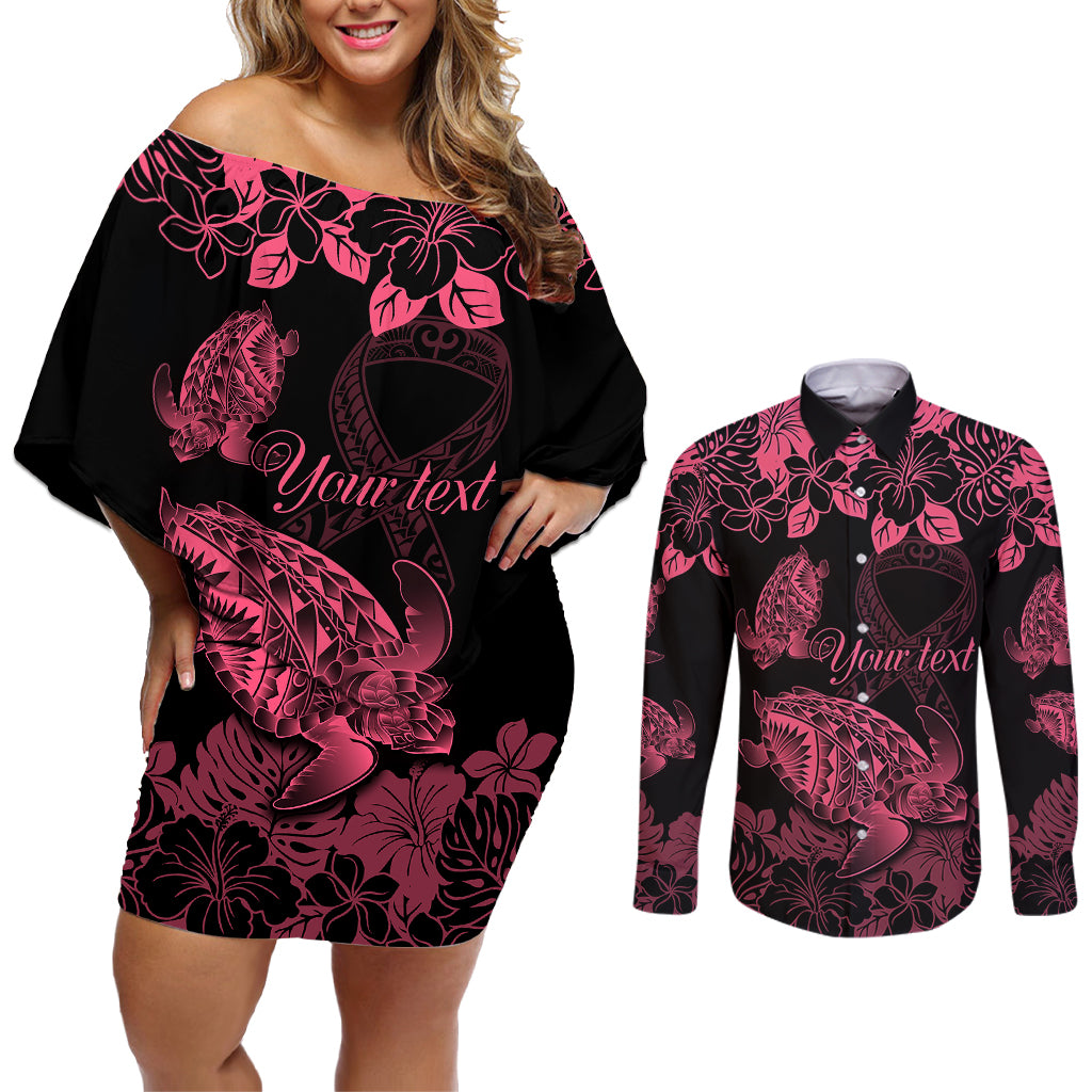 Personalised Polynesian Turtle Ribbon Couples Matching Off Shoulder Short Dress and Long Sleeve Button Shirts Think Pink Breast Cancer With Pacific Hibiscus LT9 - Wonder Print Shop