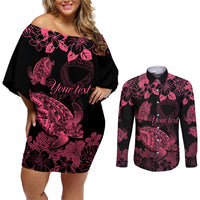 Personalised Polynesian Turtle Ribbon Couples Matching Off Shoulder Short Dress and Long Sleeve Button Shirts Think Pink Breast Cancer With Pacific Hibiscus LT9 - Wonder Print Shop