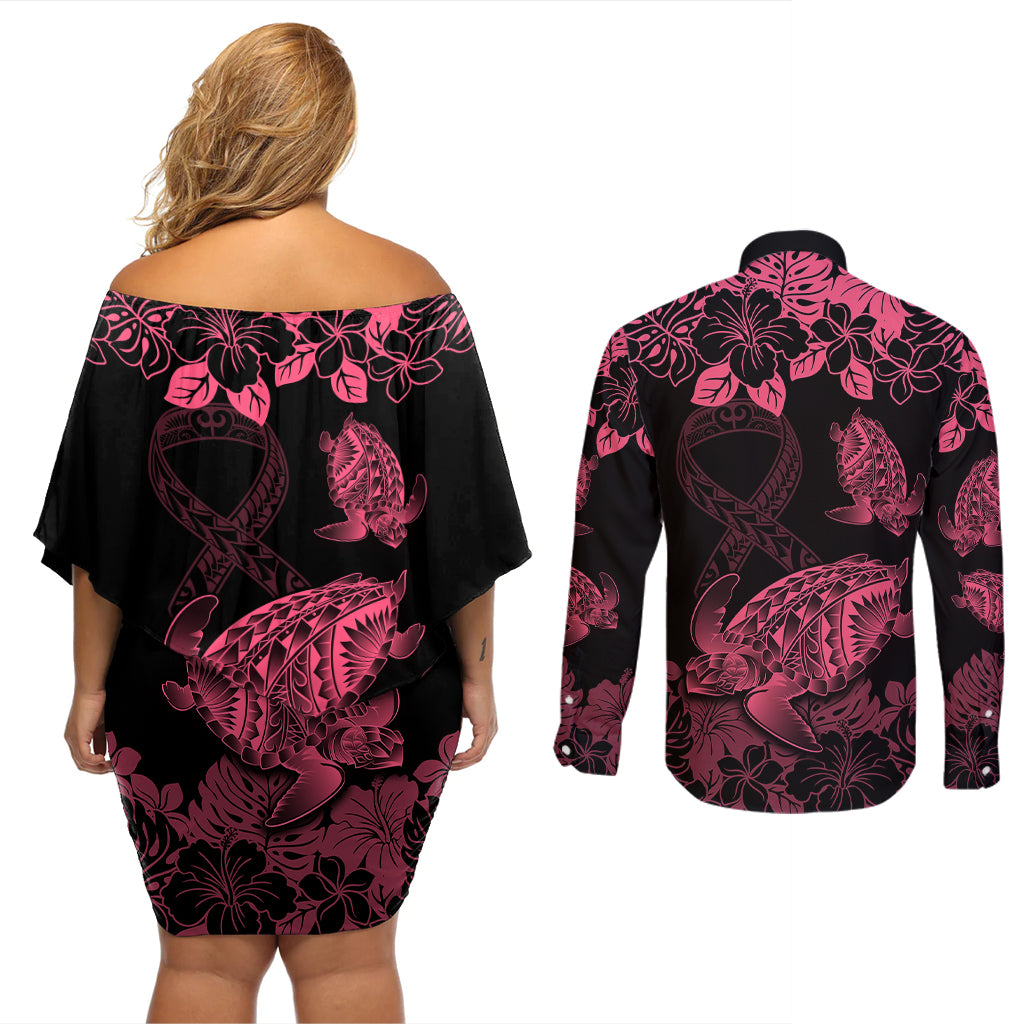 Personalised Polynesian Turtle Ribbon Couples Matching Off Shoulder Short Dress and Long Sleeve Button Shirts Think Pink Breast Cancer With Pacific Hibiscus LT9 - Wonder Print Shop