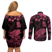 Personalised Polynesian Turtle Ribbon Couples Matching Off Shoulder Short Dress and Long Sleeve Button Shirts Think Pink Breast Cancer With Pacific Hibiscus LT9 - Wonder Print Shop