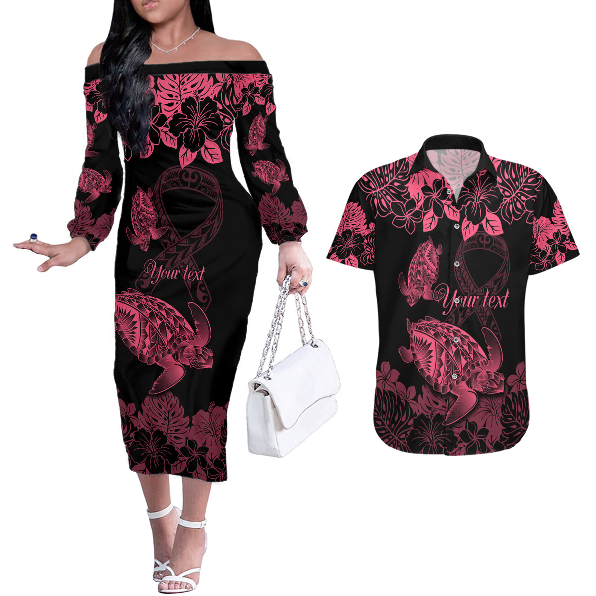 Personalised Polynesian Turtle Ribbon Couples Matching Off The Shoulder Long Sleeve Dress and Hawaiian Shirt Think Pink Breast Cancer With Pacific Hibiscus LT9 - Wonder Print Shop
