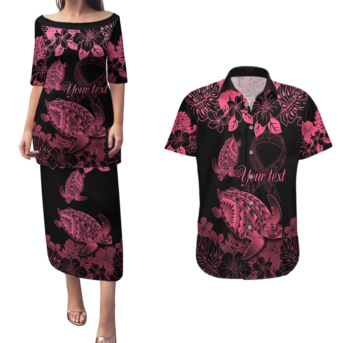 Personalised Polynesian Turtle Ribbon Couples Matching Puletasi Dress and Hawaiian Shirt Think Pink Breast Cancer With Pacific Hibiscus LT9 - Wonder Print Shop