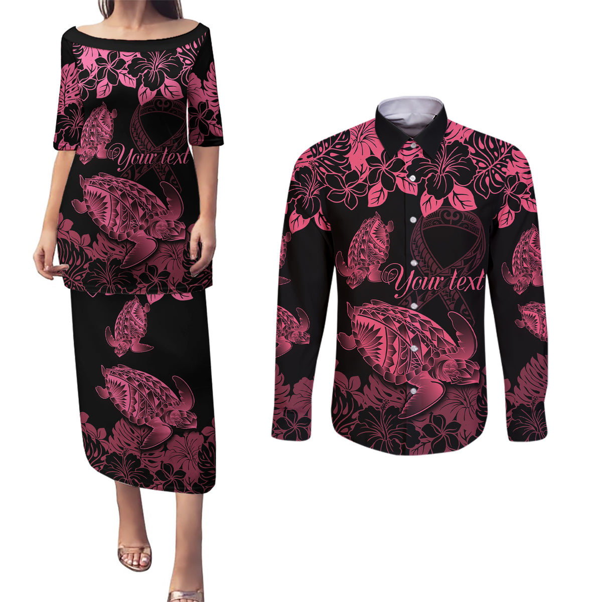 Personalised Polynesian Turtle Ribbon Couples Matching Puletasi Dress and Long Sleeve Button Shirts Think Pink Breast Cancer With Pacific Hibiscus LT9 - Wonder Print Shop