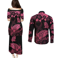 Personalised Polynesian Turtle Ribbon Couples Matching Puletasi Dress and Long Sleeve Button Shirts Think Pink Breast Cancer With Pacific Hibiscus LT9 - Wonder Print Shop