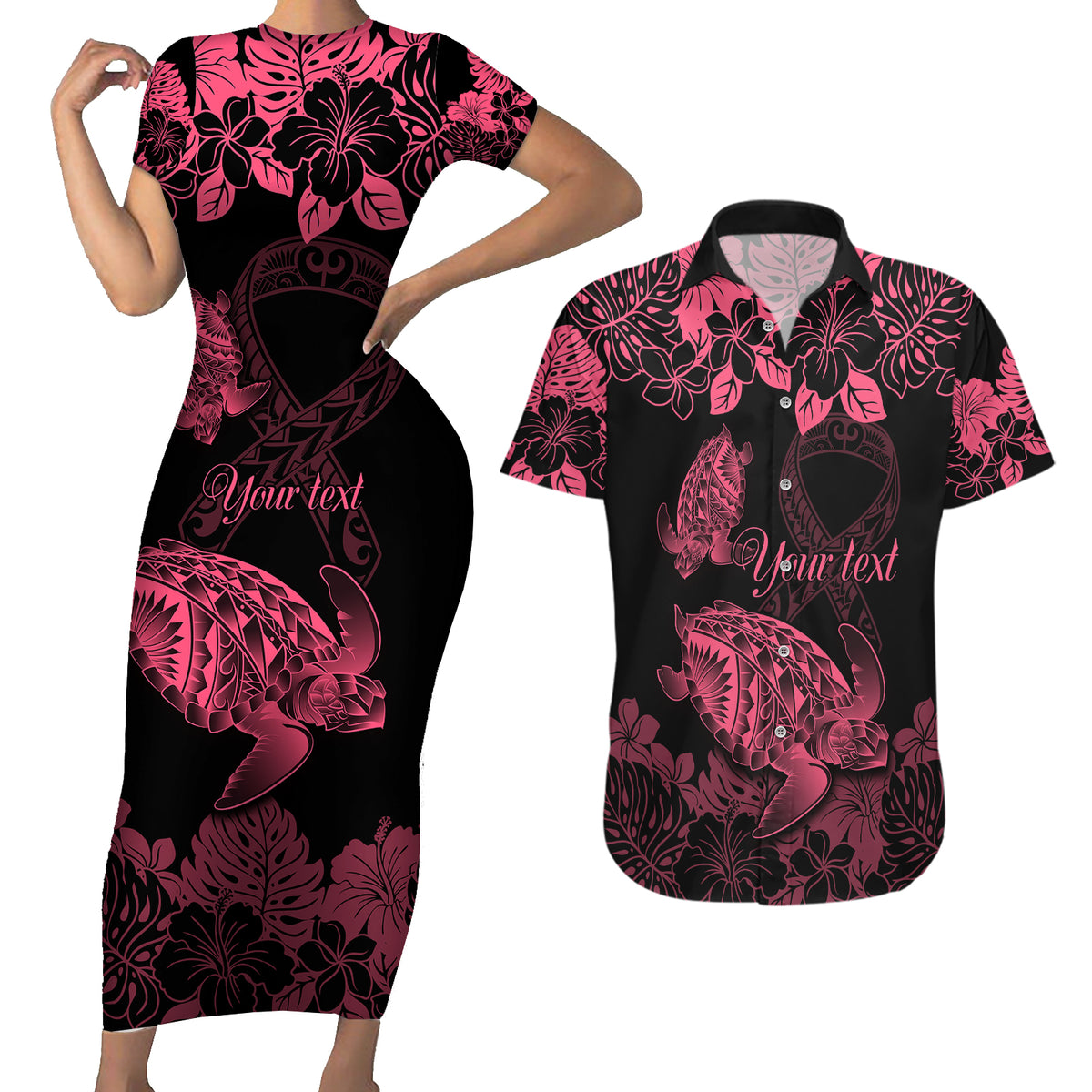 Personalised Polynesian Turtle Ribbon Couples Matching Short Sleeve Bodycon Dress and Hawaiian Shirt Think Pink Breast Cancer With Pacific Hibiscus LT9 - Wonder Print Shop