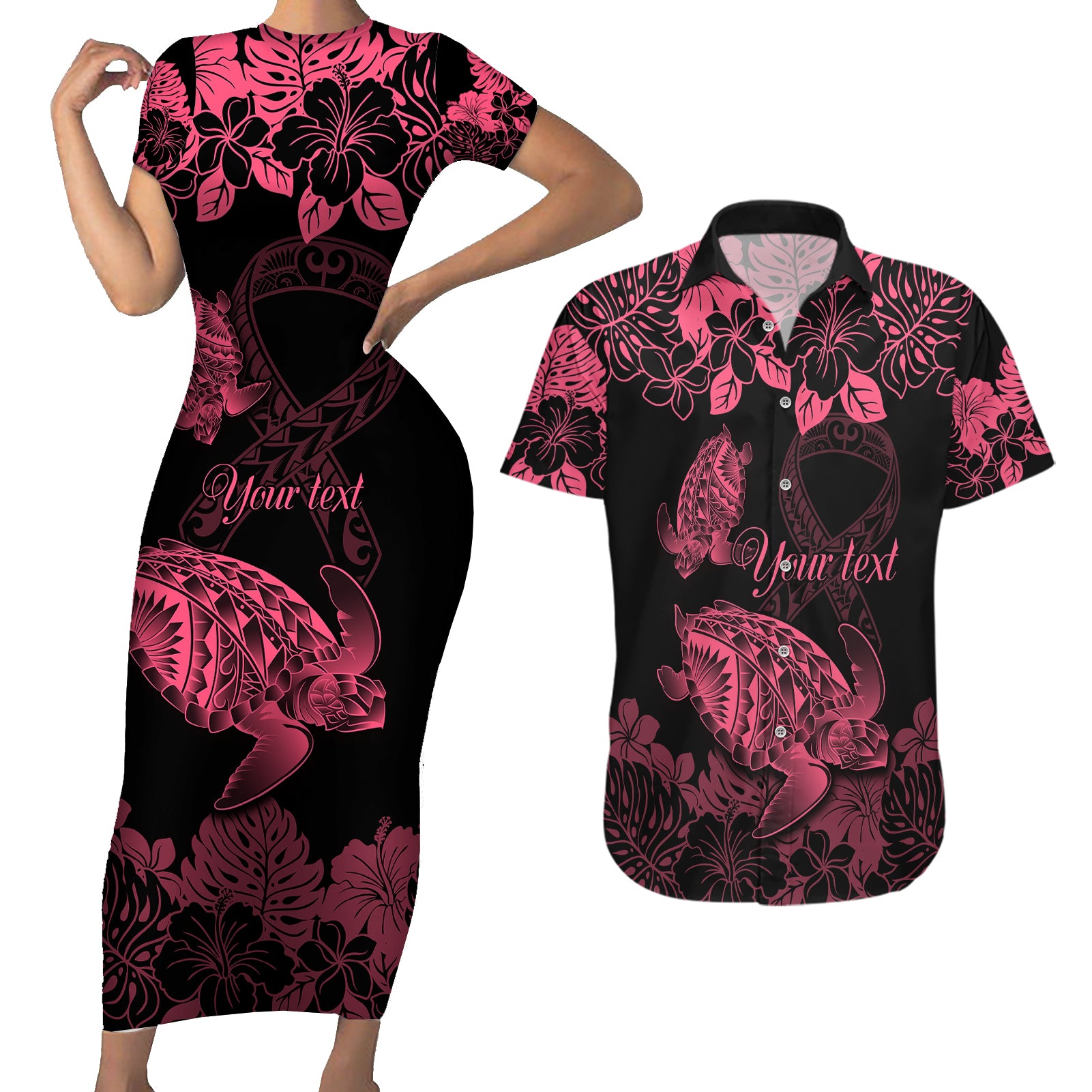Personalised Polynesian Turtle Ribbon Couples Matching Short Sleeve Bodycon Dress and Hawaiian Shirt Think Pink Breast Cancer With Pacific Hibiscus LT9 - Wonder Print Shop