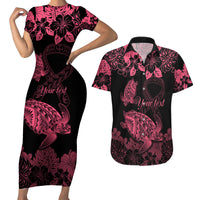 Personalised Polynesian Turtle Ribbon Couples Matching Short Sleeve Bodycon Dress and Hawaiian Shirt Think Pink Breast Cancer With Pacific Hibiscus LT9 - Wonder Print Shop