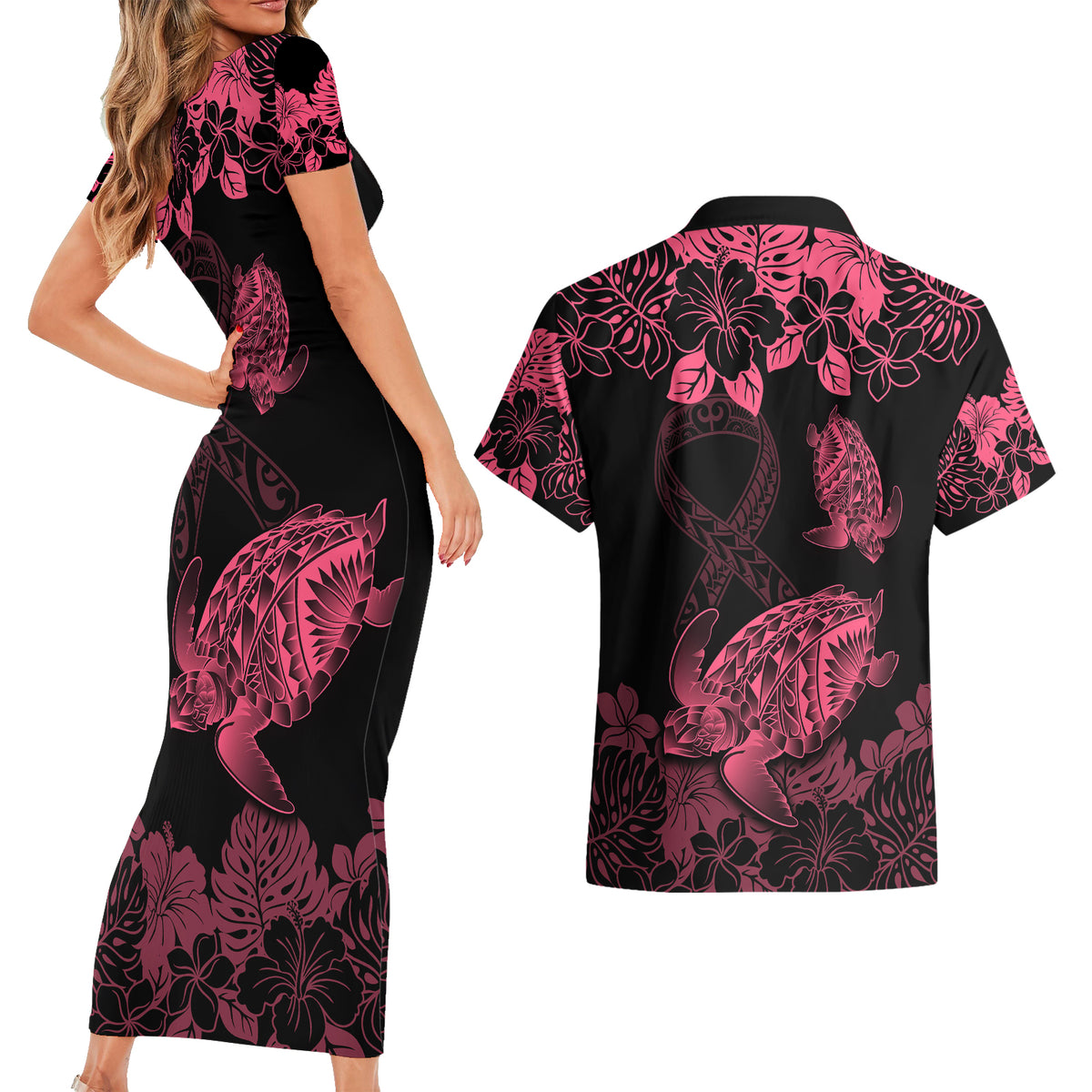Personalised Polynesian Turtle Ribbon Couples Matching Short Sleeve Bodycon Dress and Hawaiian Shirt Think Pink Breast Cancer With Pacific Hibiscus LT9 - Wonder Print Shop