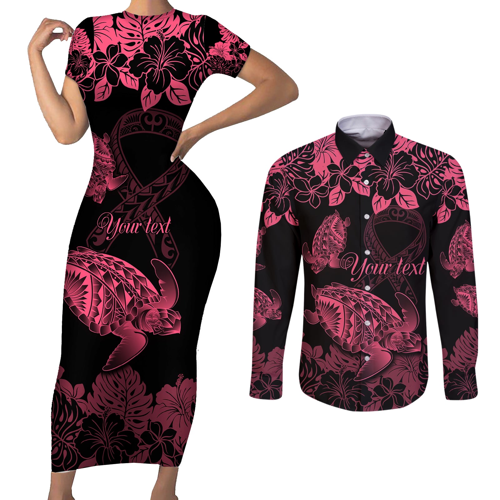 Personalised Polynesian Turtle Ribbon Couples Matching Short Sleeve Bodycon Dress and Long Sleeve Button Shirts Think Pink Breast Cancer With Pacific Hibiscus LT9 - Wonder Print Shop