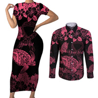 Personalised Polynesian Turtle Ribbon Couples Matching Short Sleeve Bodycon Dress and Long Sleeve Button Shirts Think Pink Breast Cancer With Pacific Hibiscus LT9 - Wonder Print Shop