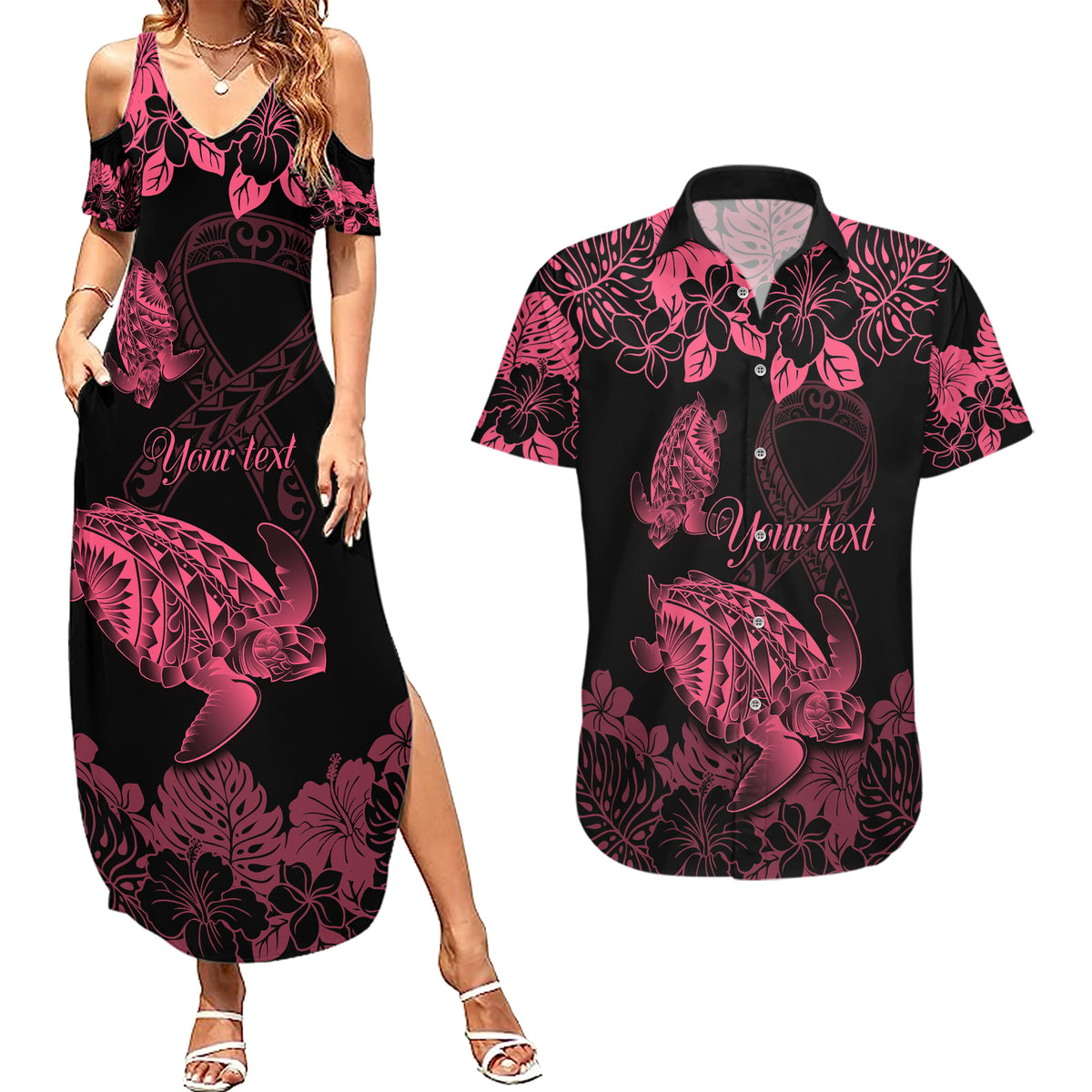 Personalised Polynesian Turtle Ribbon Couples Matching Summer Maxi Dress and Hawaiian Shirt Think Pink Breast Cancer With Pacific Hibiscus LT9 - Wonder Print Shop