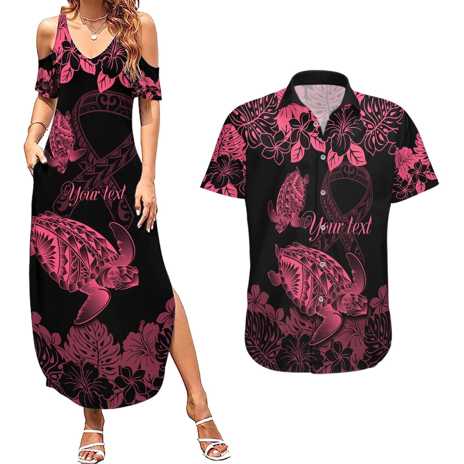 Personalised Polynesian Turtle Ribbon Couples Matching Summer Maxi Dress and Hawaiian Shirt Think Pink Breast Cancer With Pacific Hibiscus LT9 - Wonder Print Shop
