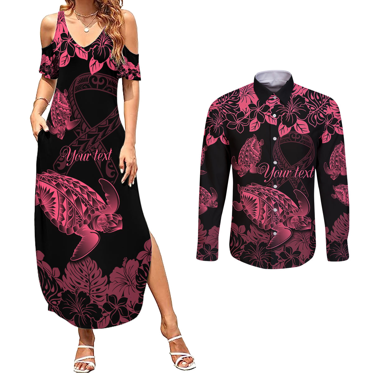 Personalised Polynesian Turtle Ribbon Couples Matching Summer Maxi Dress and Long Sleeve Button Shirts Think Pink Breast Cancer With Pacific Hibiscus LT9 - Wonder Print Shop