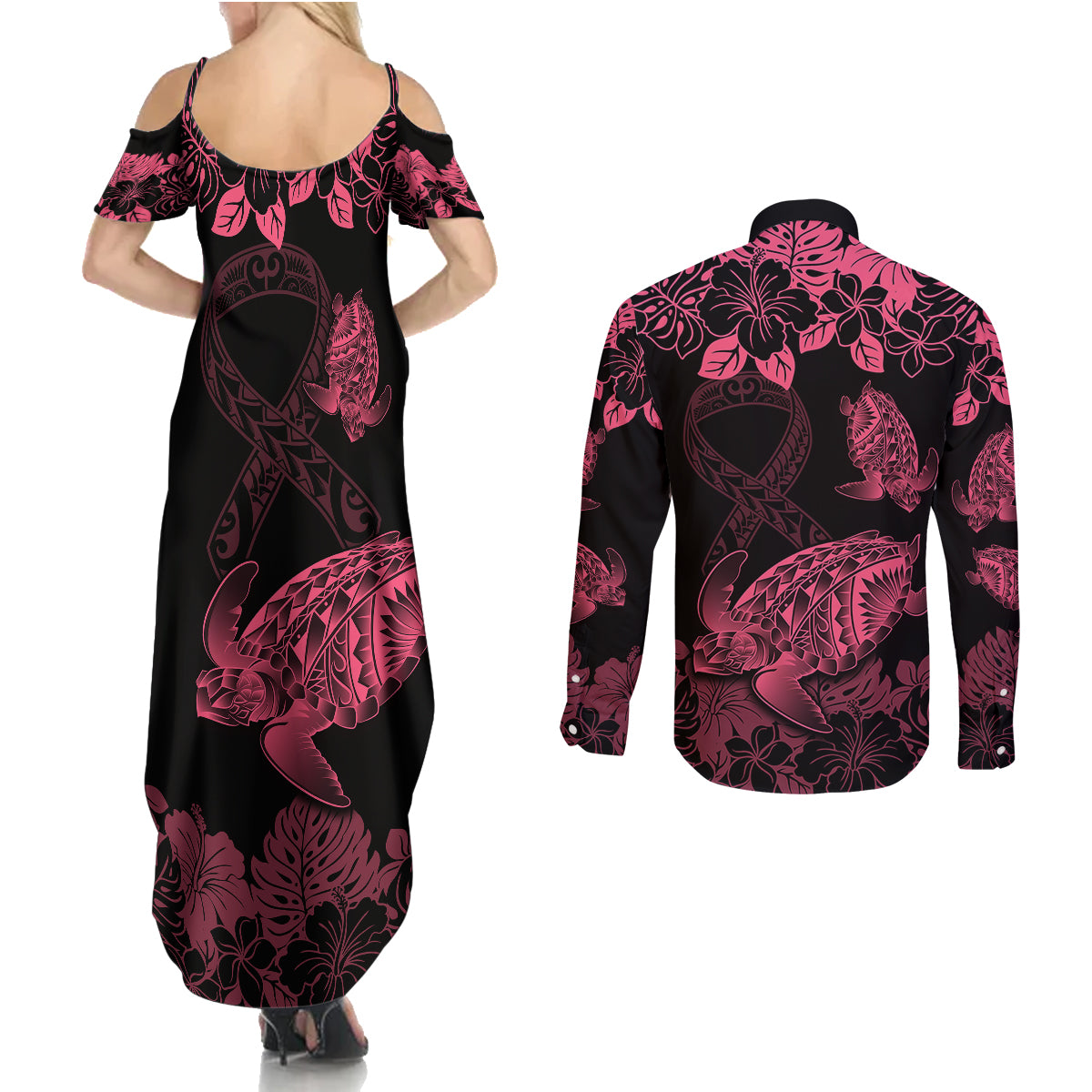 Personalised Polynesian Turtle Ribbon Couples Matching Summer Maxi Dress and Long Sleeve Button Shirts Think Pink Breast Cancer With Pacific Hibiscus LT9 - Wonder Print Shop