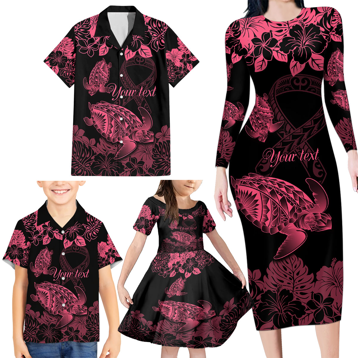 Personalised Polynesian Turtle Ribbon Family Matching Long Sleeve Bodycon Dress and Hawaiian Shirt Think Pink Breast Cancer With Pacific Hibiscus LT9 - Wonder Print Shop