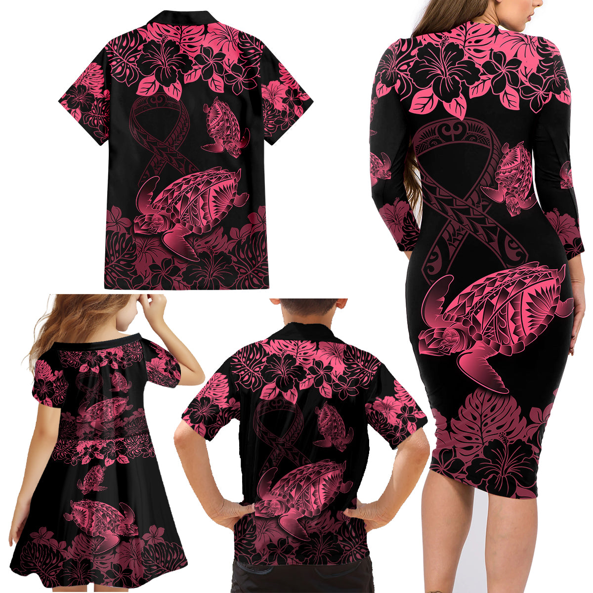 Personalised Polynesian Turtle Ribbon Family Matching Long Sleeve Bodycon Dress and Hawaiian Shirt Think Pink Breast Cancer With Pacific Hibiscus LT9 - Wonder Print Shop