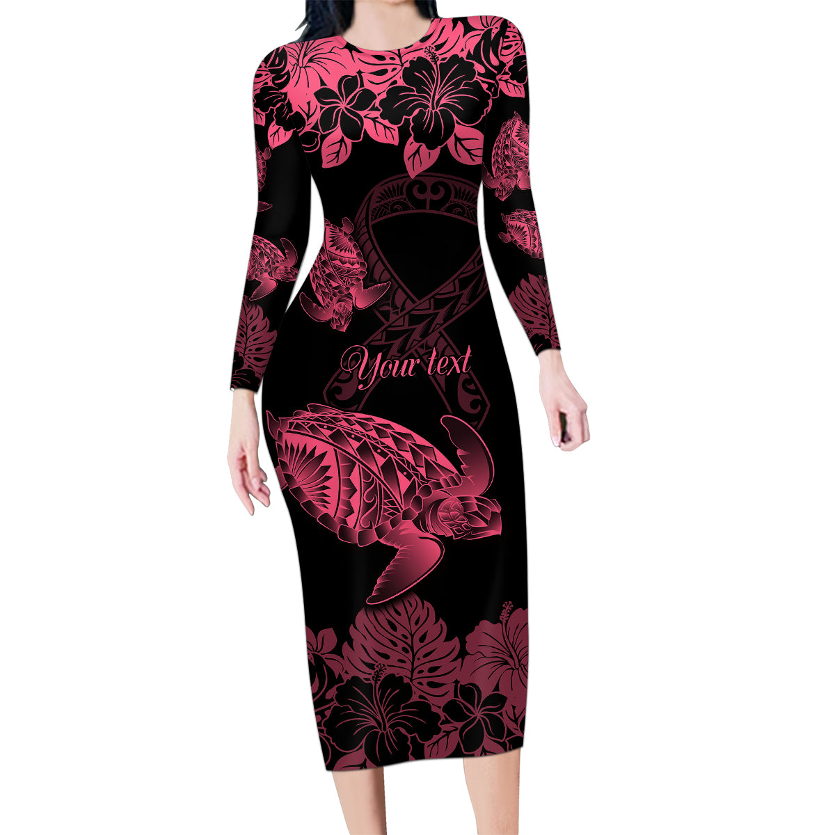 Personalised Polynesian Turtle Ribbon Family Matching Long Sleeve Bodycon Dress and Hawaiian Shirt Think Pink Breast Cancer With Pacific Hibiscus LT9 - Wonder Print Shop