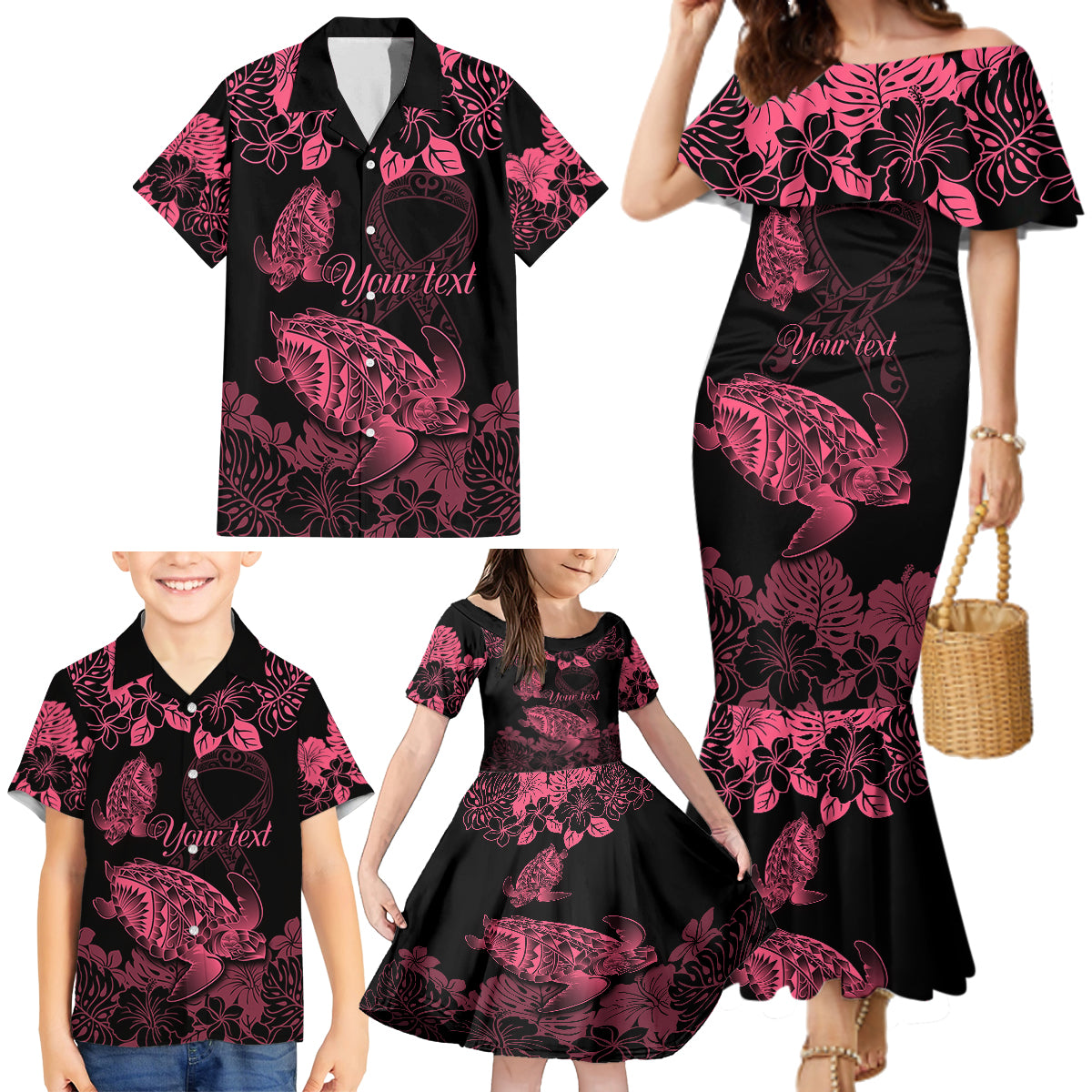 Personalised Polynesian Turtle Ribbon Family Matching Mermaid Dress and Hawaiian Shirt Think Pink Breast Cancer With Pacific Hibiscus LT9 - Wonder Print Shop