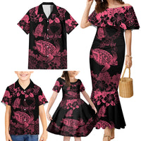 Personalised Polynesian Turtle Ribbon Family Matching Mermaid Dress and Hawaiian Shirt Think Pink Breast Cancer With Pacific Hibiscus LT9 - Wonder Print Shop