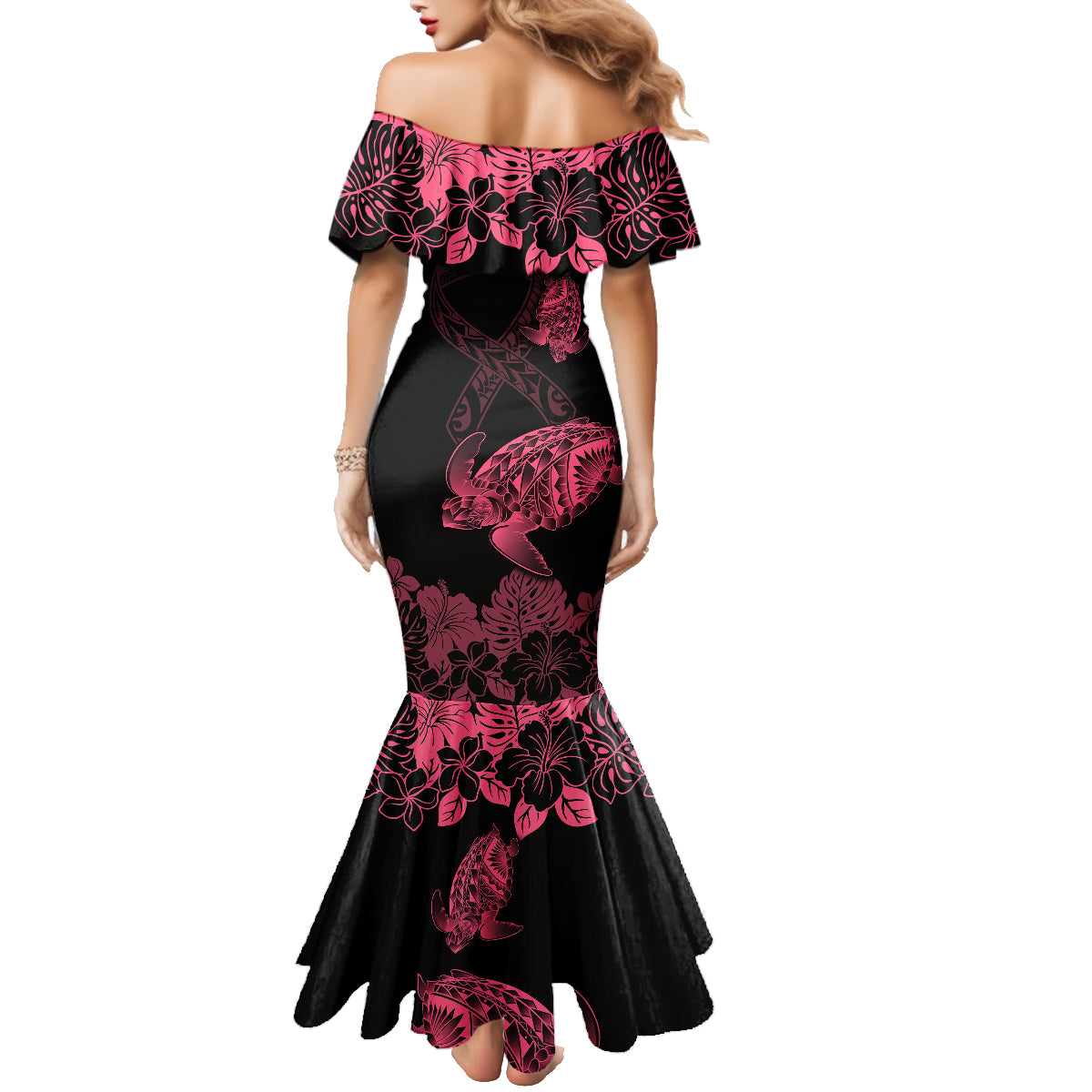 Personalised Polynesian Turtle Ribbon Family Matching Mermaid Dress and Hawaiian Shirt Think Pink Breast Cancer With Pacific Hibiscus LT9 - Wonder Print Shop
