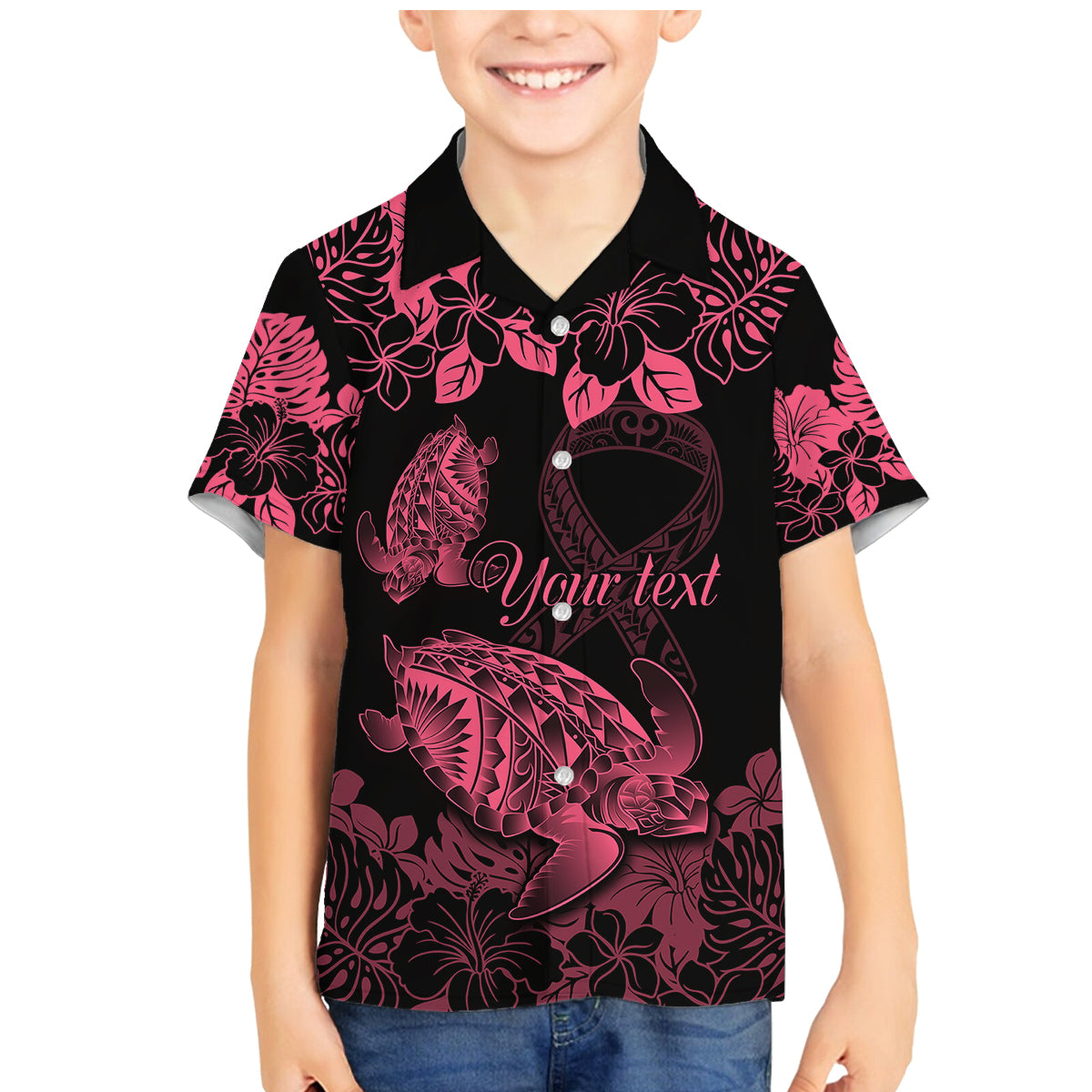 Personalised Polynesian Turtle Ribbon Family Matching Mermaid Dress and Hawaiian Shirt Think Pink Breast Cancer With Pacific Hibiscus LT9 - Wonder Print Shop